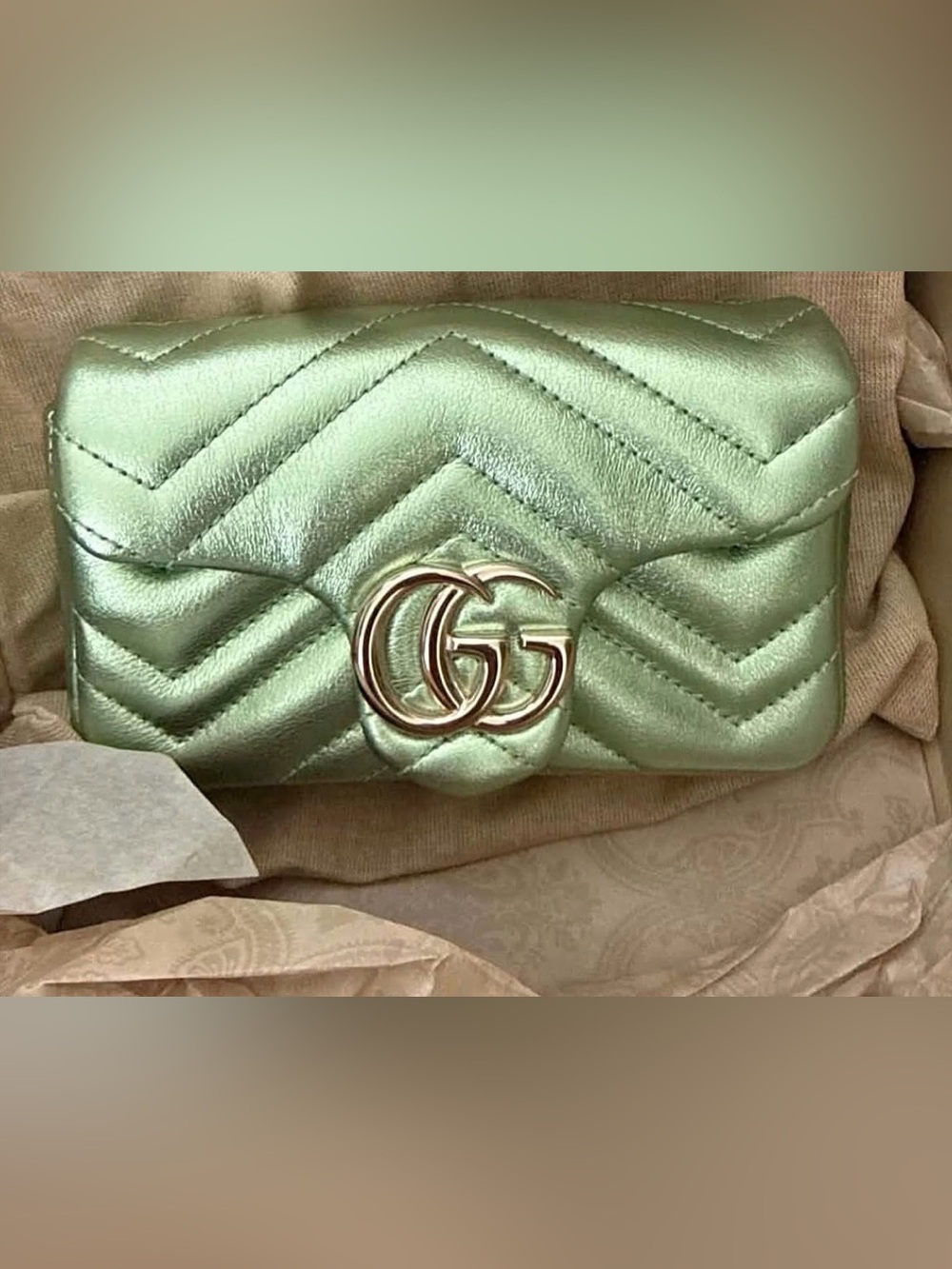 Gucci Metallic Mint Chevron Crossbody with Double G Hardware